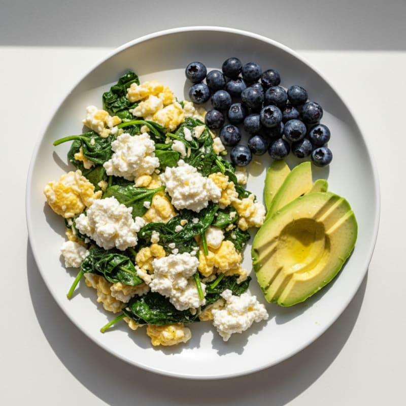 Egg White Spinach Scramble with Cottage Cheese and Fresh Berries