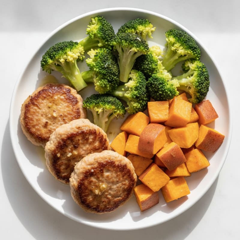 Seared Turkey Patties with Steamed Broccoli and Sweet Potato