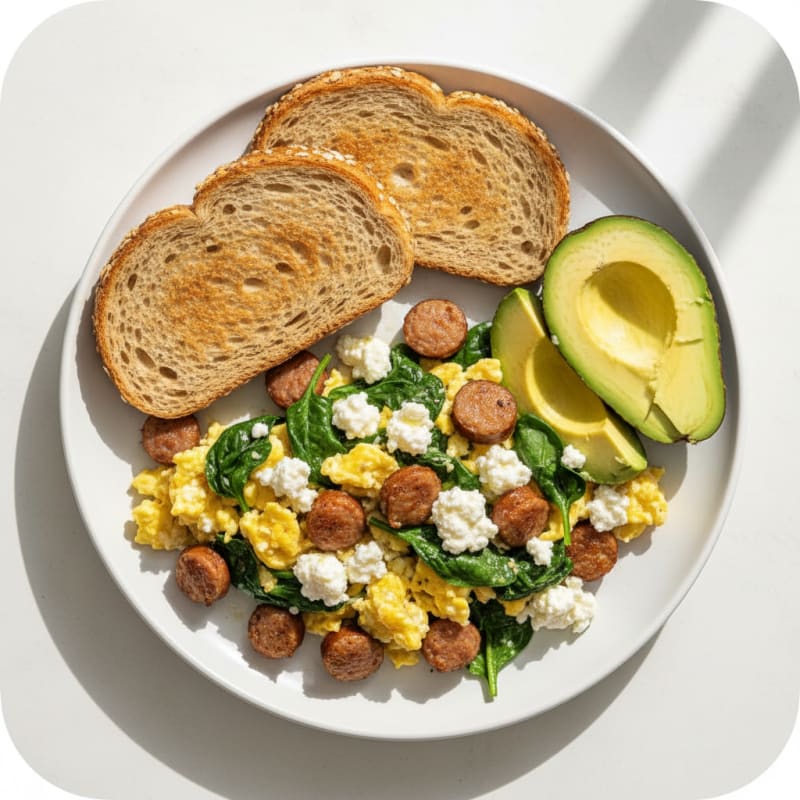 Cottage Cheese Scramble with Turkey Sausage and Spinach