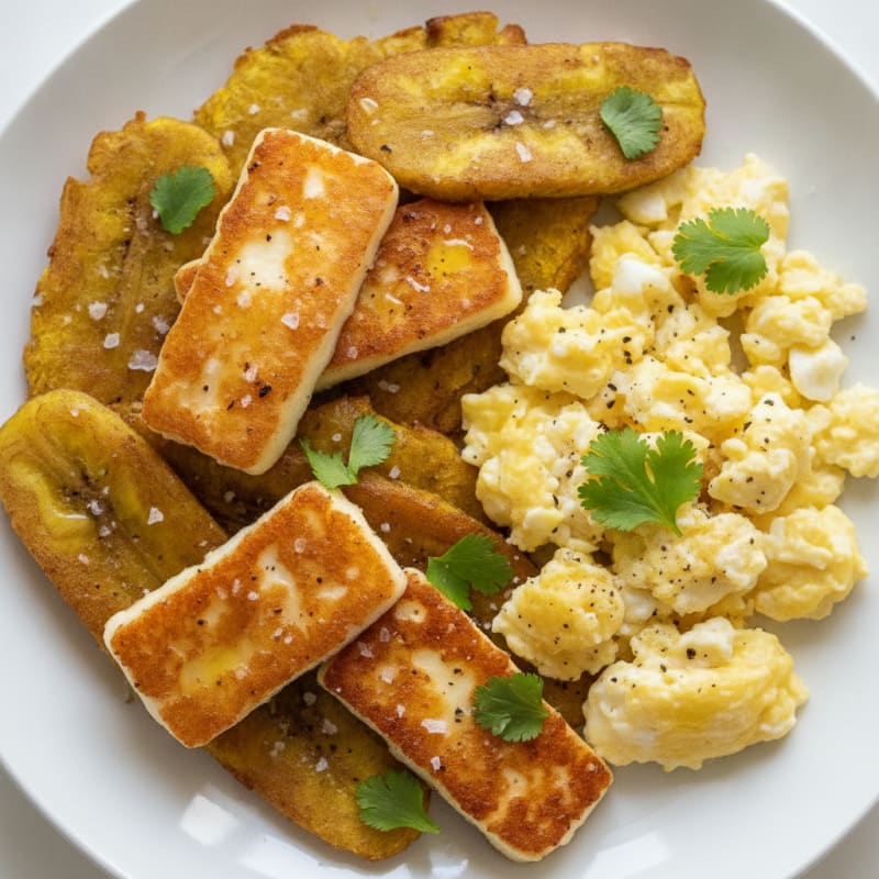 Crispy Fried Cheese and Green Plantain Skillet with Eggs