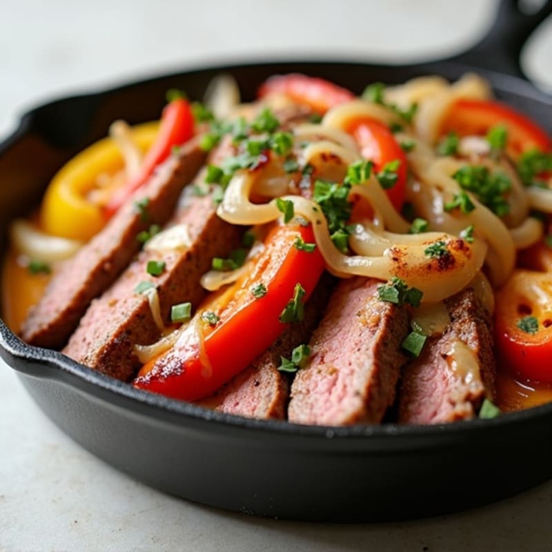 Lean Steak and Bell Pepper Skillet with Caramelized Onions and Creamy Provolone Sauce