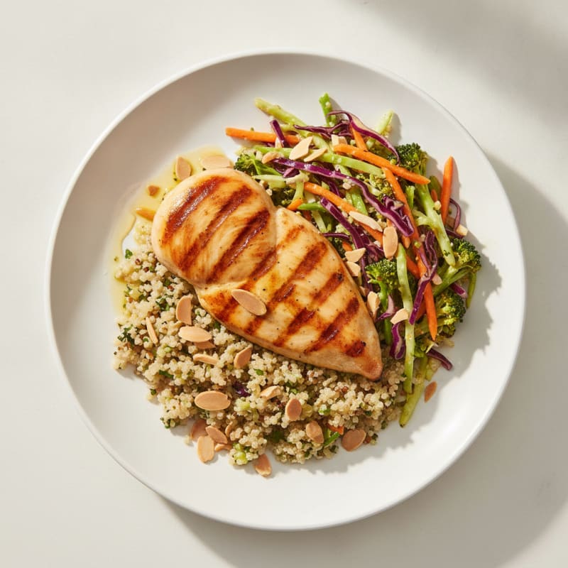 Grilled Chicken Breast with Quinoa and Crunchy Broccoli Slaw
