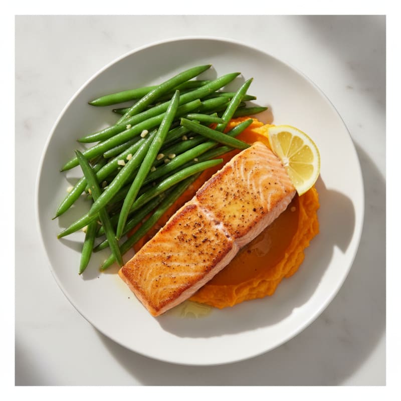 Seared Salmon with Garlic Green Beans and Sweet Potato Mash