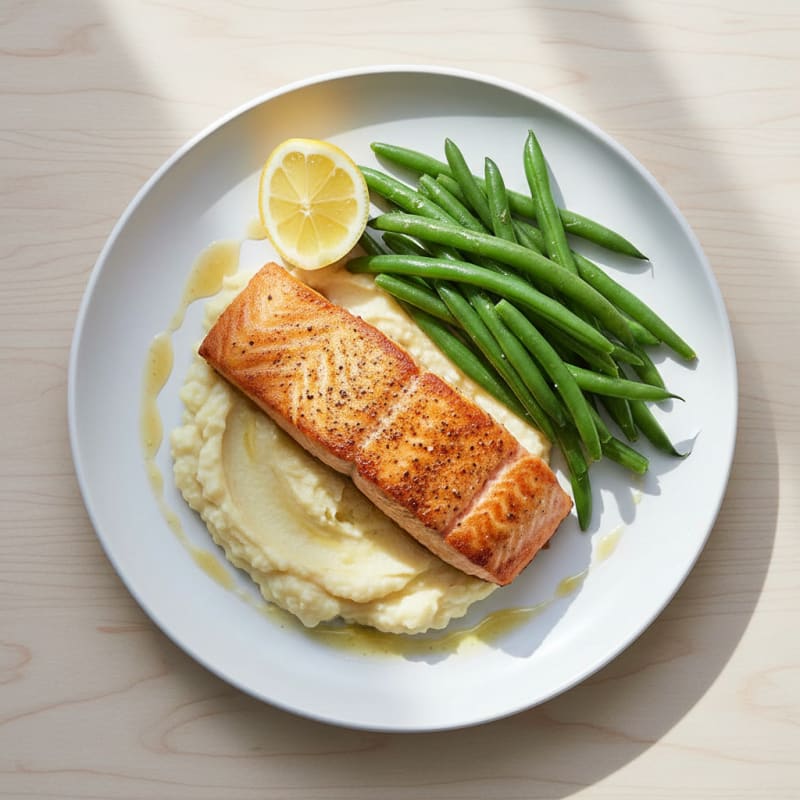 Seared Salmon with Steamed Green Beans and Garlic Cauliflower Mash