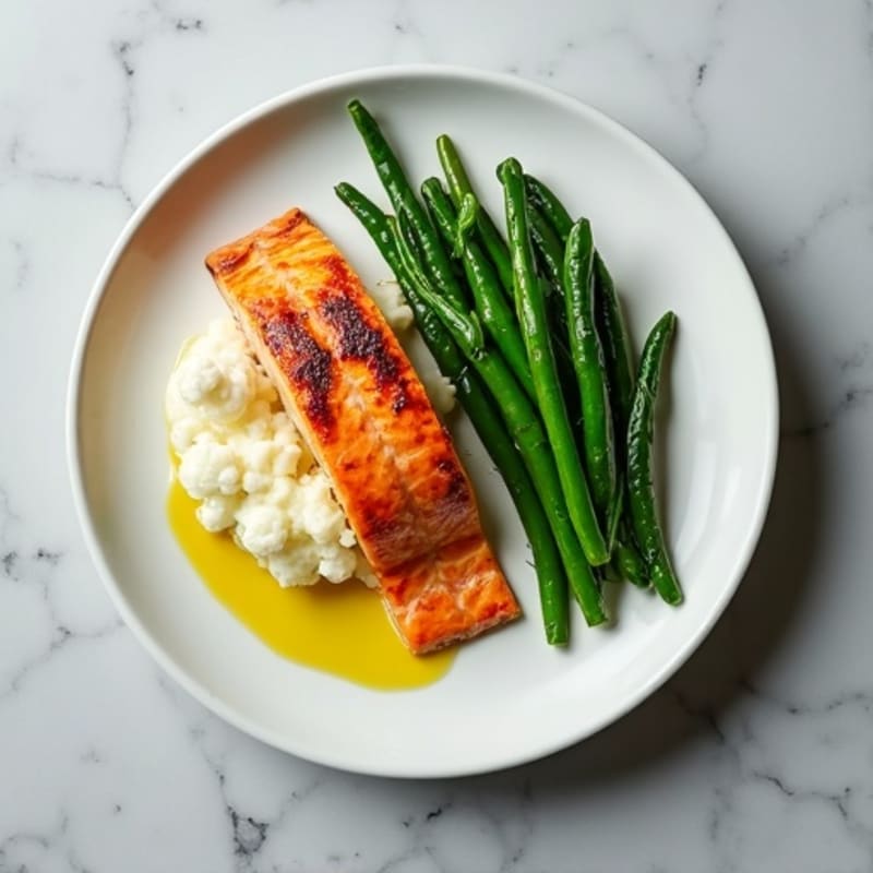 Seared Salmon with Steamed Green Beans and Cauliflower Mash