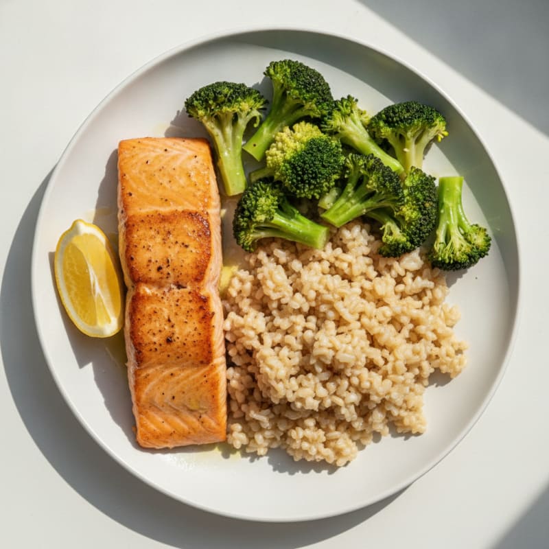 Seared Salmon with Steamed Broccoli and Brown Rice