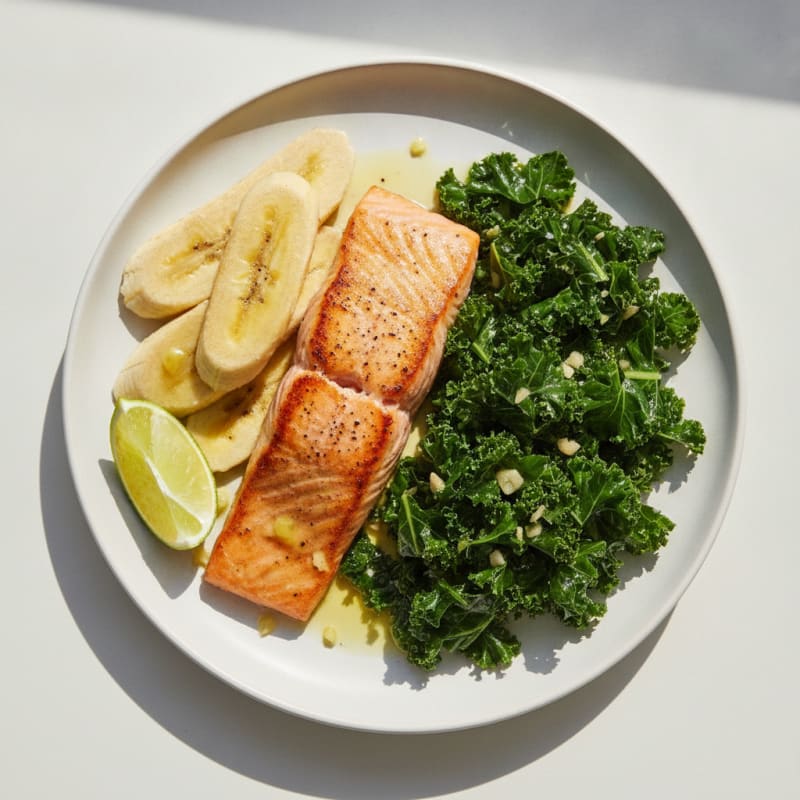 Seared Salmon with Steamed Plantain and Sautéed Greens