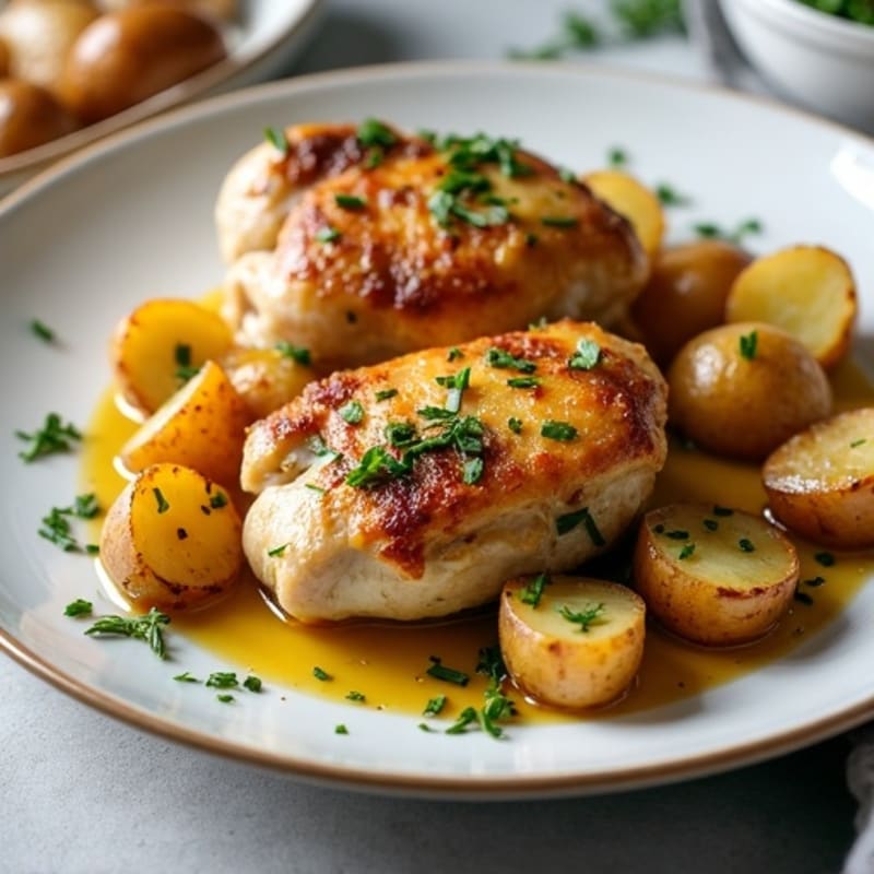 Herb-Roasted Chicken Thighs with Crispy Garlic Potatoes