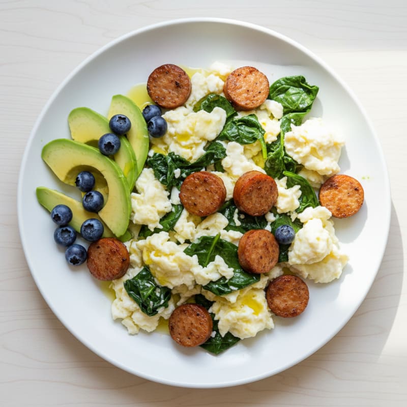 Egg White Scramble with Chicken Sausage and Spinach