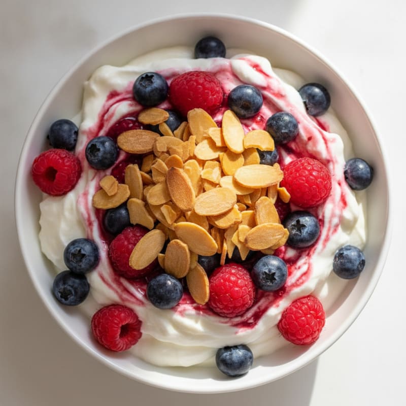 Greek Yogurt Protein Parfait with Mixed Berries and Almonds