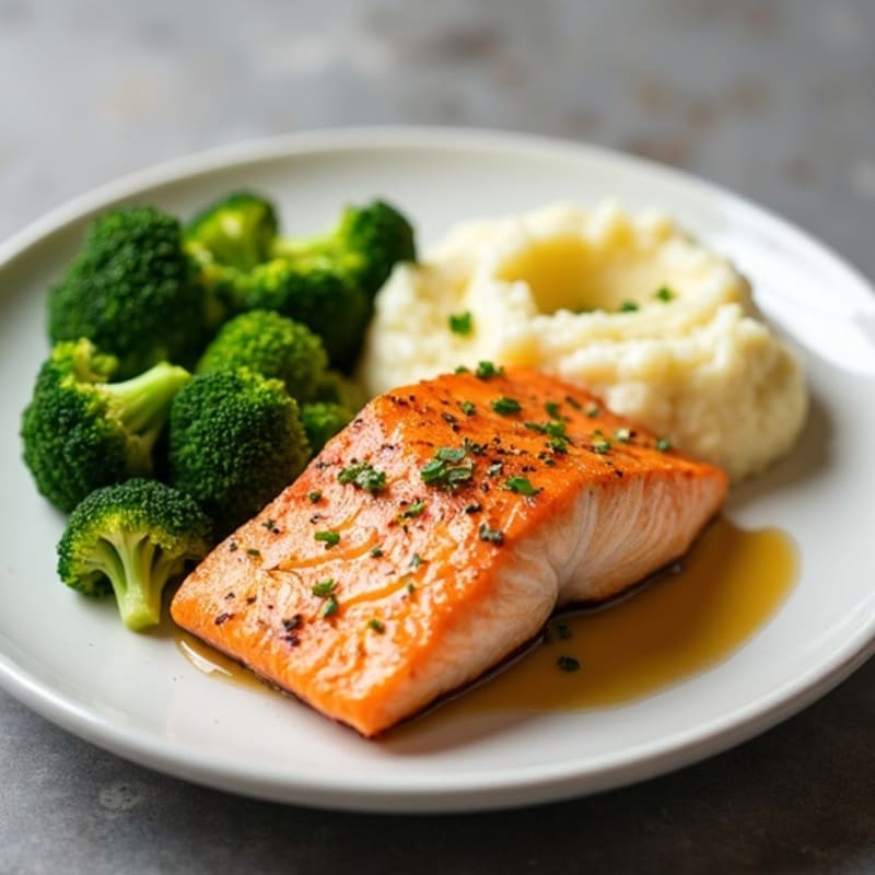 Seared Salmon with Steamed Broccoli and Garlic Mashed Potatoes