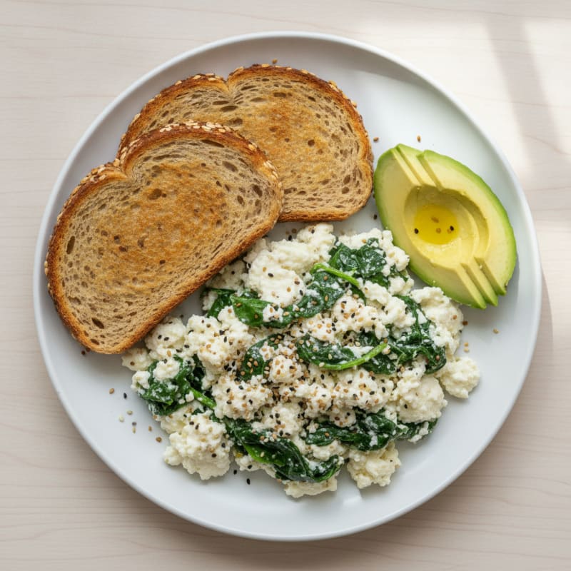 Egg White and Cottage Cheese Scramble with Sautéed Spinach
