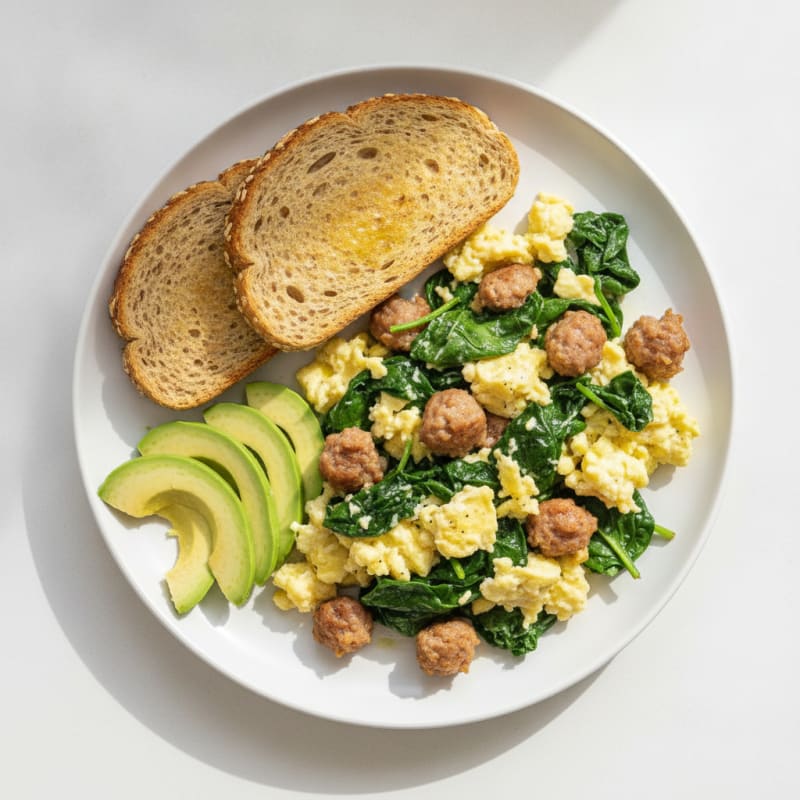 Egg White Spinach Scramble with Turkey Sausage