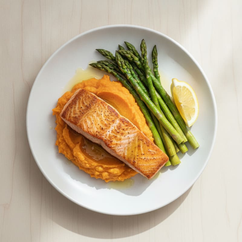 Seared Salmon with Roasted Asparagus and Sweet Potato Mash