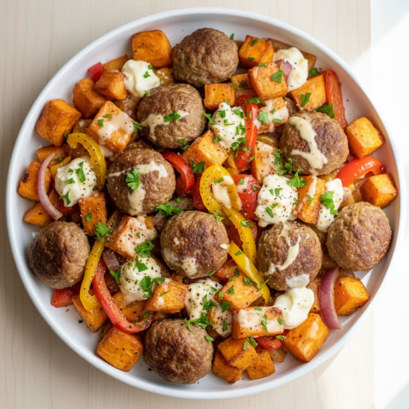Crispy Meatball and Cream Cheese Hash