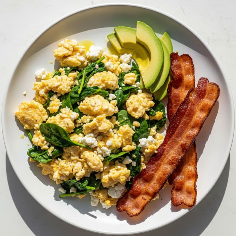 Cottage Cheese Egg Scramble with Spinach and Turkey Bacon