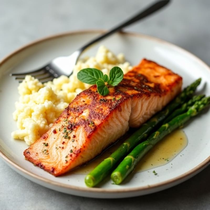 Seared Salmon Fillet with Steamed Asparagus and Garlic Mashed Cauliflower