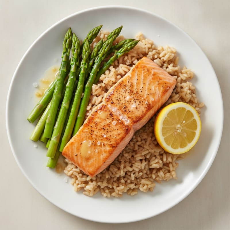 Seared Salmon with Steamed Asparagus and Brown Rice