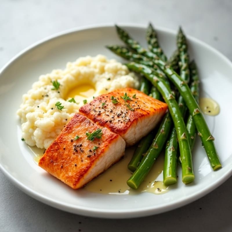 Seared Salmon with Steamed Asparagus and Garlic Mashed Cauliflower