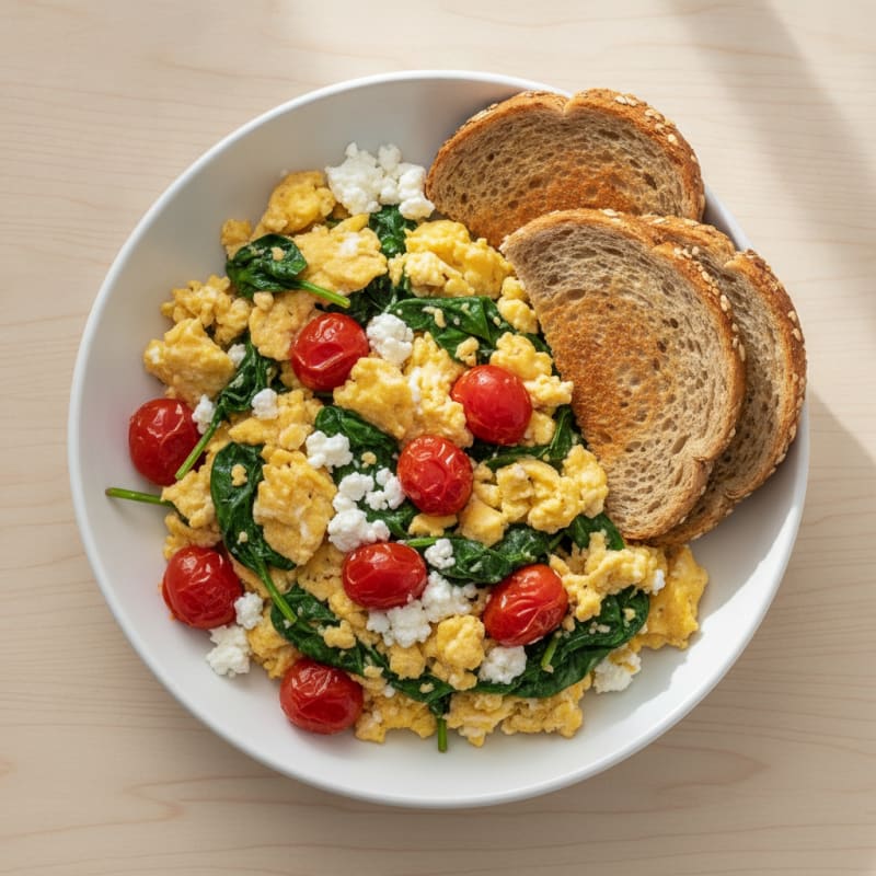 Cottage Cheese Egg Scramble with Spinach and Cherry Tomatoes