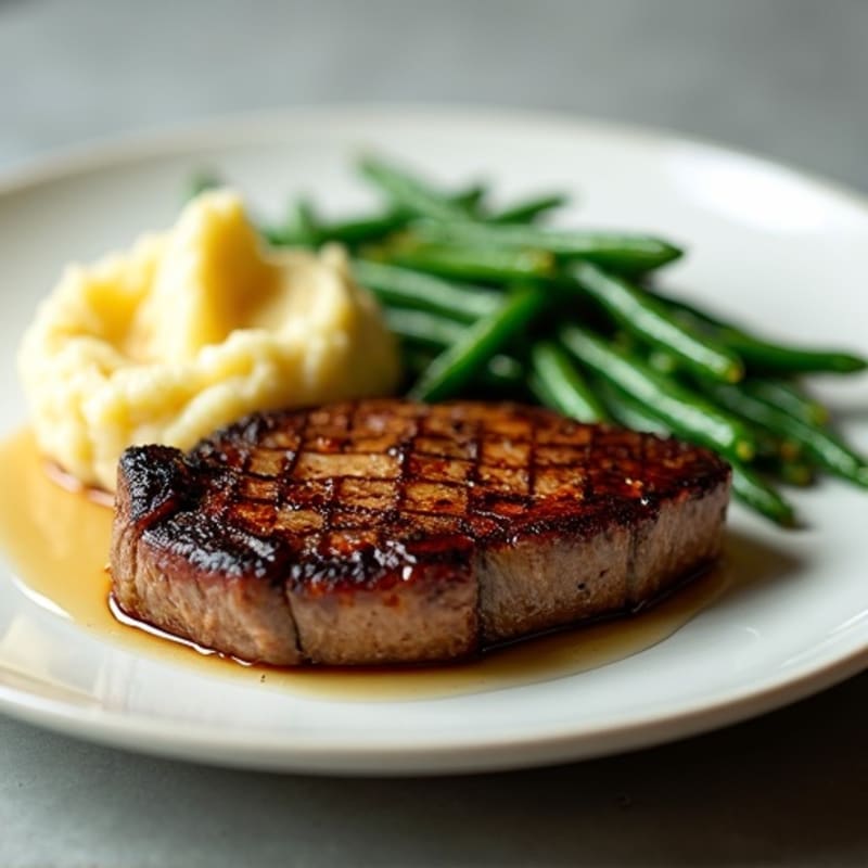 Seared Steak with Garlic Mashed Potatoes and Steamed Green Beans