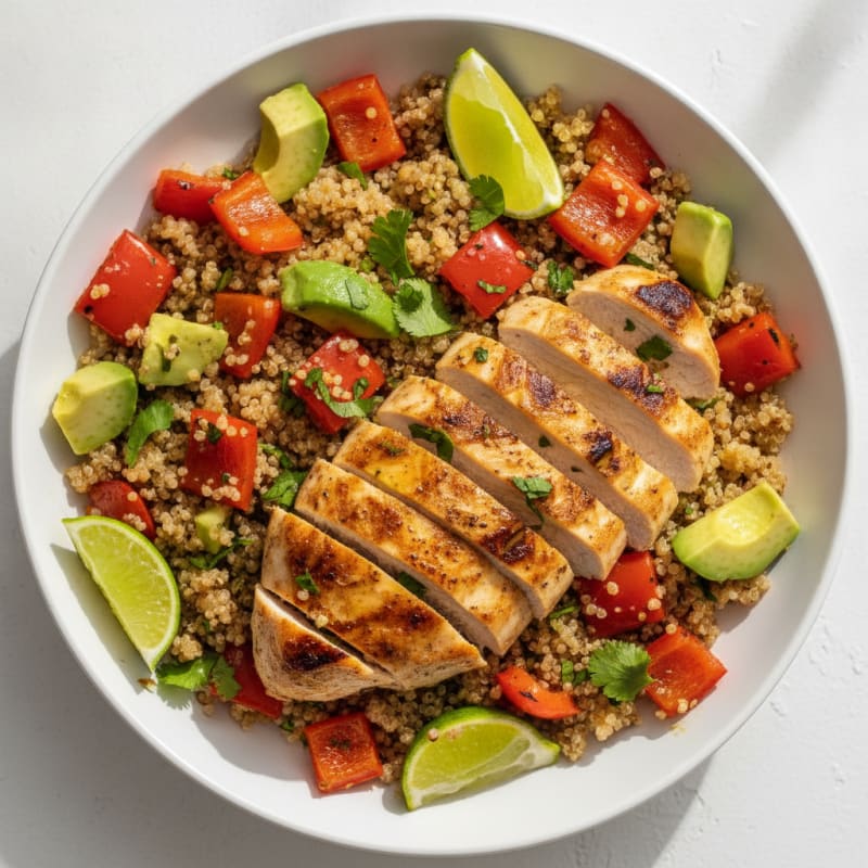 Grilled Chicken and Quinoa Bowl with Roasted Peppers and Avocado