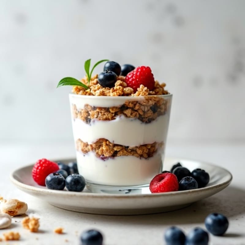 Greek Yoghurt Parfait with Granola, Blueberries, and Peanut Butter