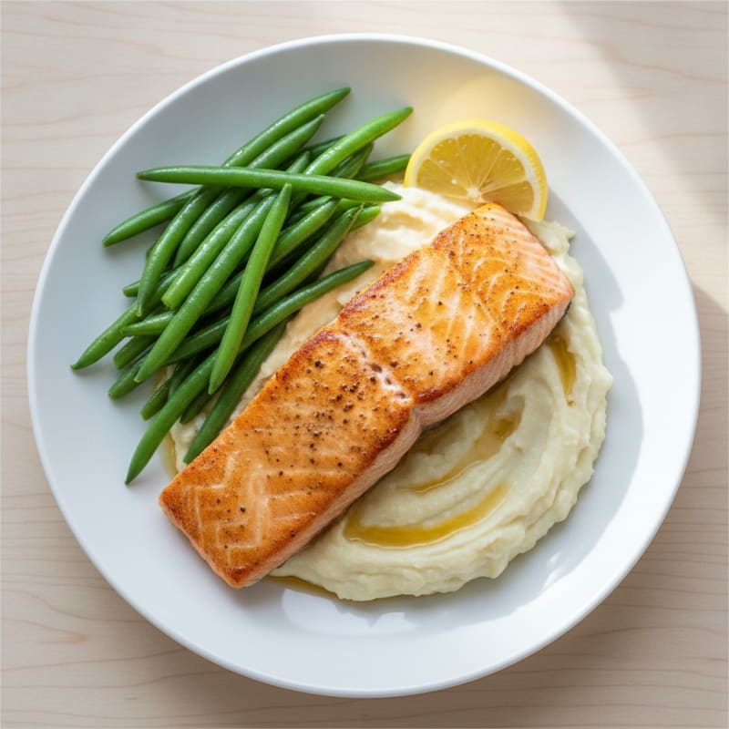 Seared Salmon with Steamed Green Beans and Cauliflower Mash