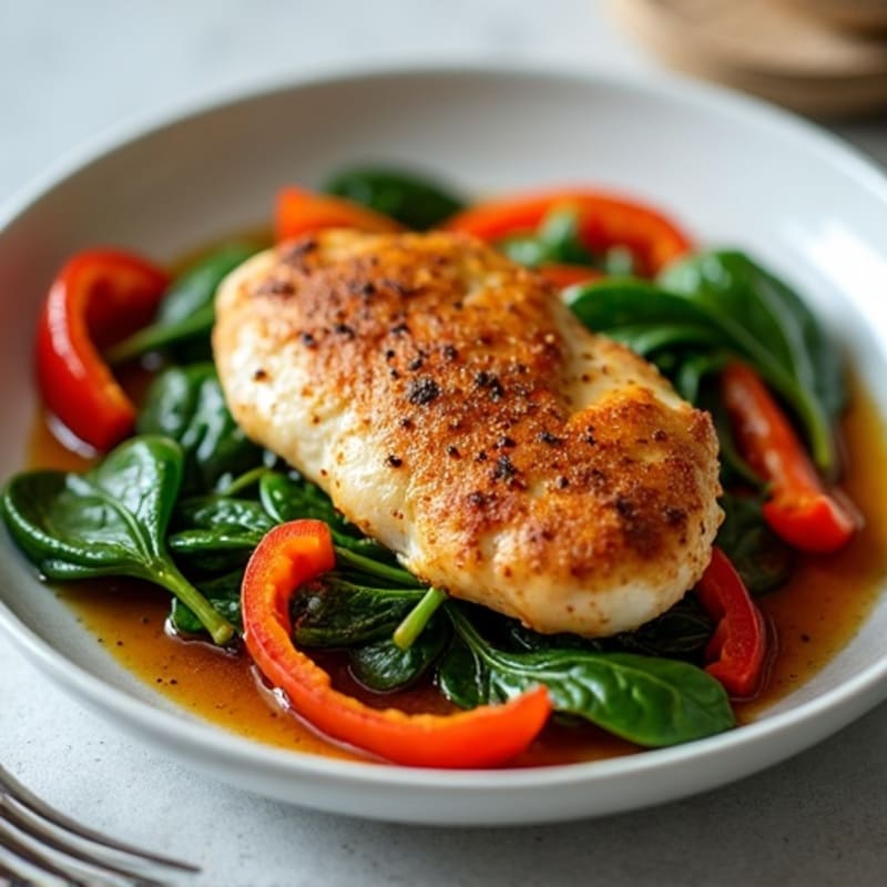 Roasted Spiced Chicken with Fresh Spinach and Bell Peppers