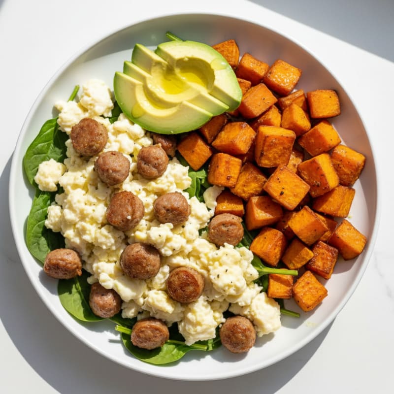 Scrambled Egg Whites with Turkey Sausage and Roasted Sweet Potato
