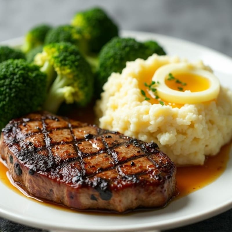 Seared Sirloin Steak with Garlic Mashed Potatoes and Steamed Broccoli