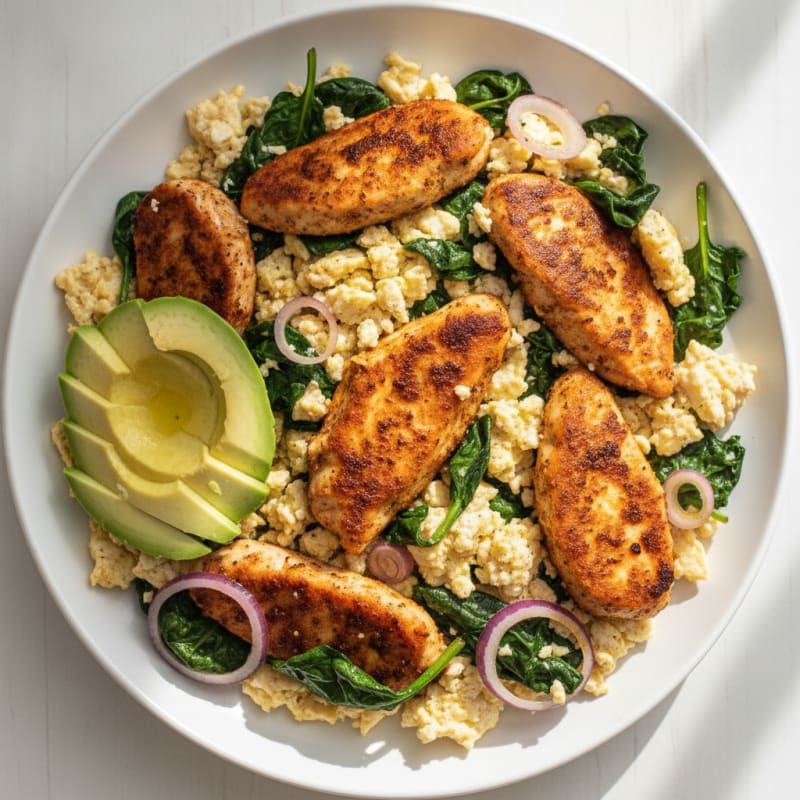 Egg White Scramble with Spiced Chicken and Sautéed Spinach