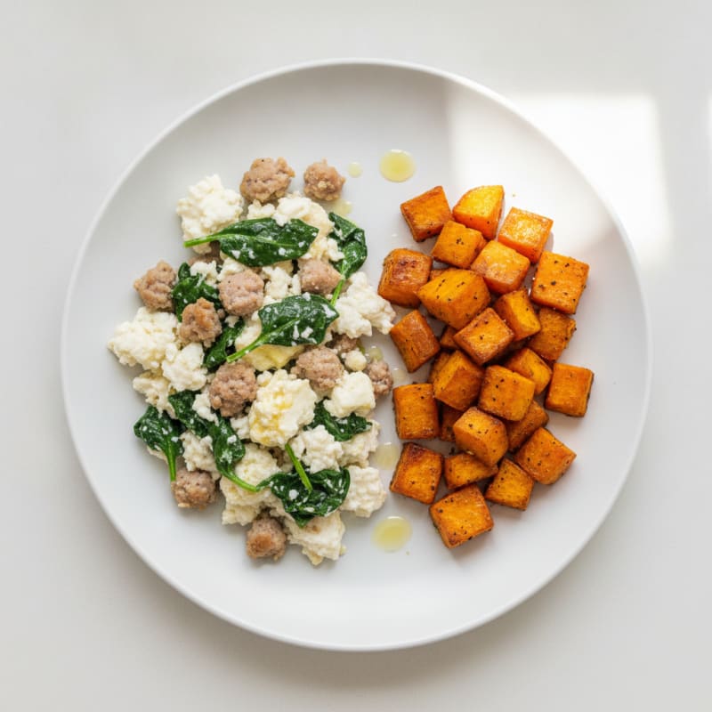 Egg White and Turkey Sausage Scramble with Spinach and Roasted Sweet Potatoes