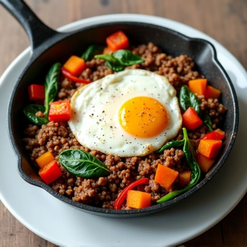 Savory Ground Beef and Roasted Sweet Potato Skillet