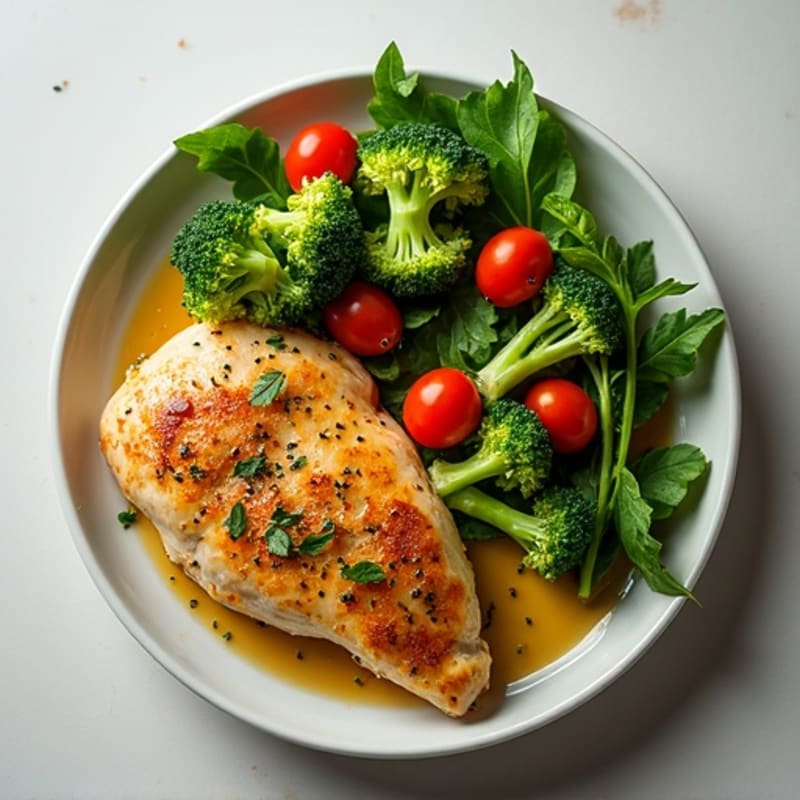 Lemon-Herb Roasted Chicken with Crispy Roasted Broccoli and Fresh Mixed Greens Salad