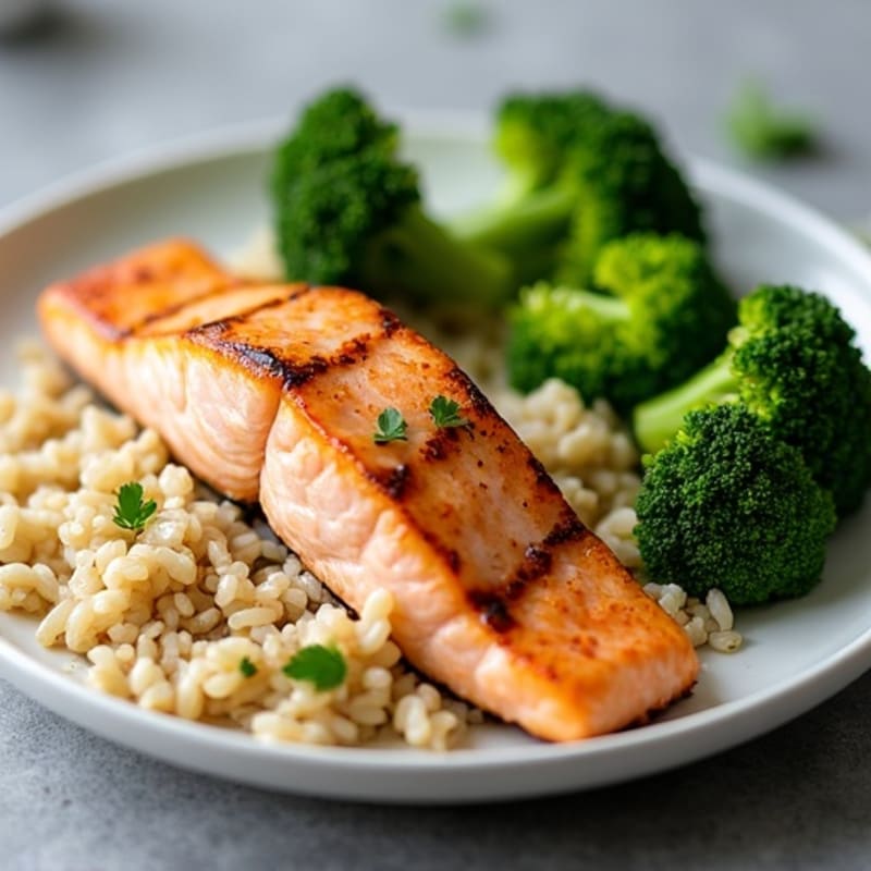Seared Salmon with Steamed Broccoli and Brown Rice