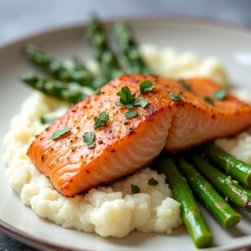 Seared Salmon with Steamed Asparagus and Garlic Mashed Cauliflower