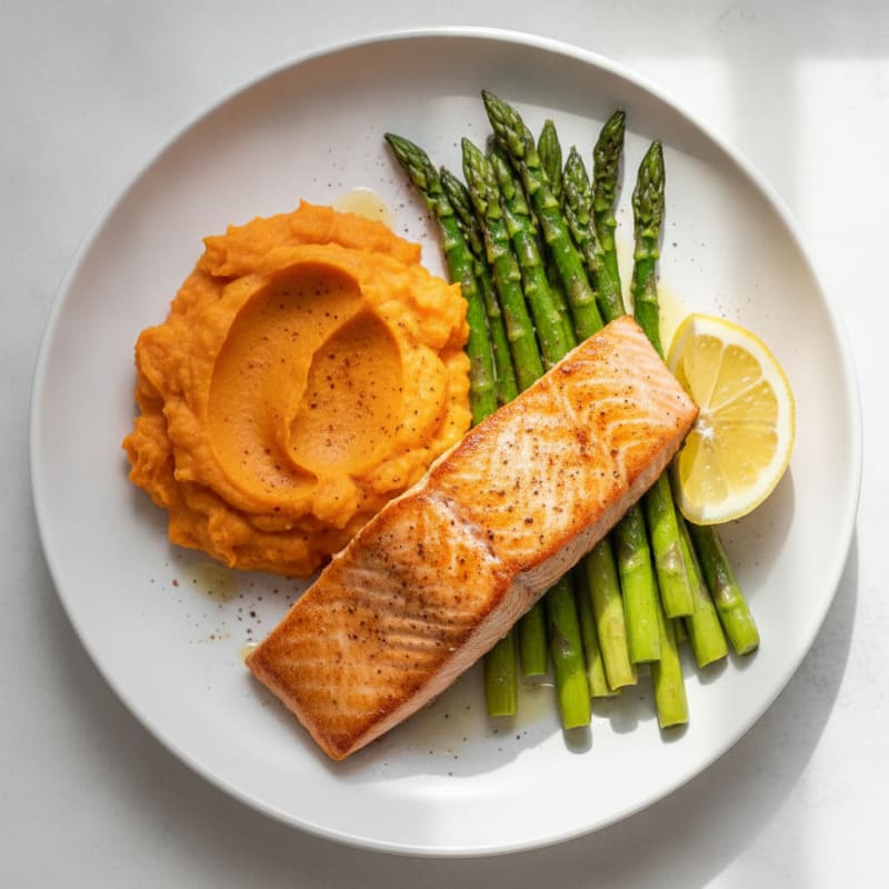 Seared Salmon with Roasted Asparagus and Sweet Potato Mash
