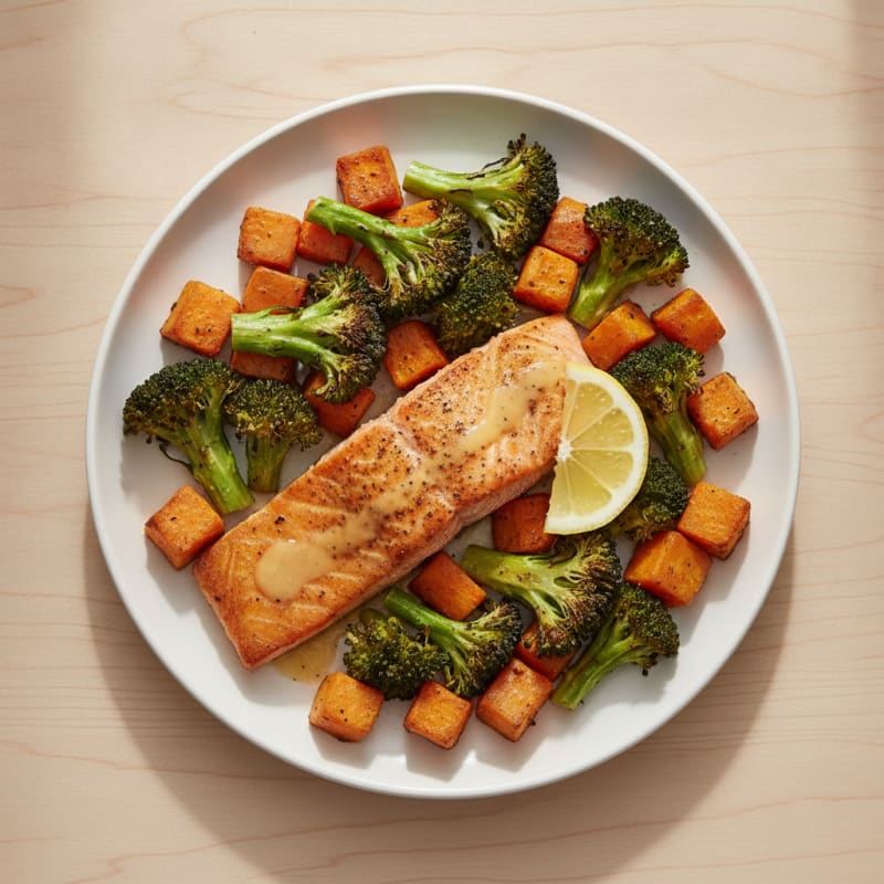 Seared Salmon with Roasted Broccoli and Sweet Potato