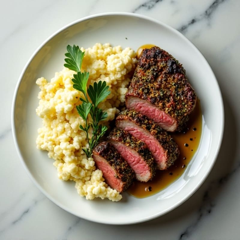 Herb-Crusted Lean Steak with Roasted Garlic Cauliflower Mash