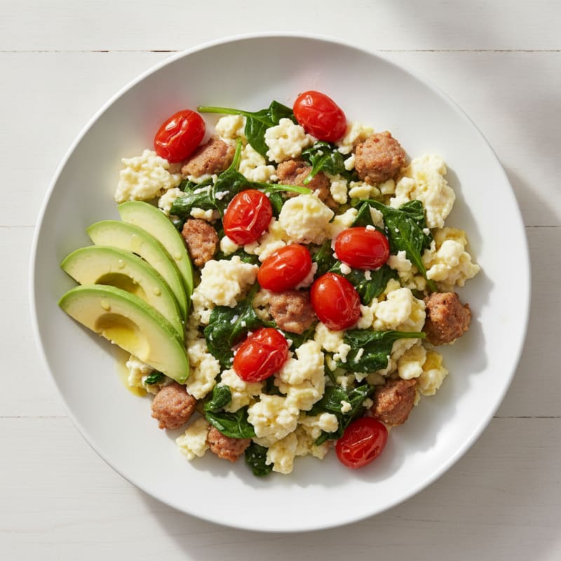 Egg White and Turkey Sausage Scramble with Spinach and Tomatoes