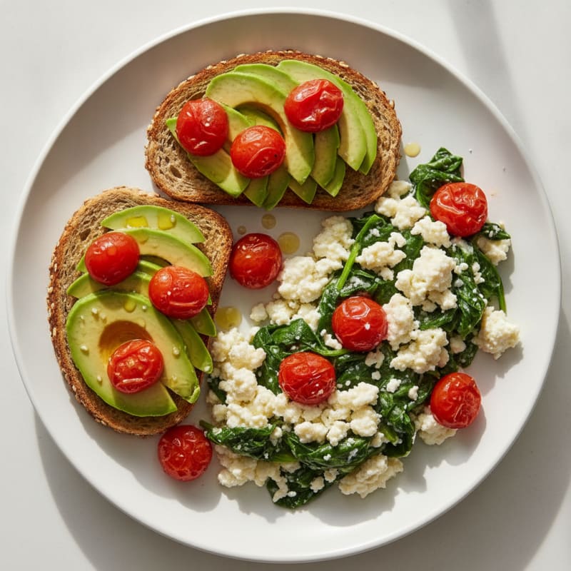 Egg White Spinach Scramble with Cottage Cheese and Cherry Tomatoes
