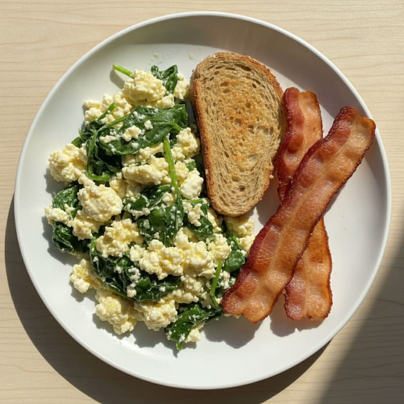 Cottage Cheese Scramble with Spinach and Turkey Bacon