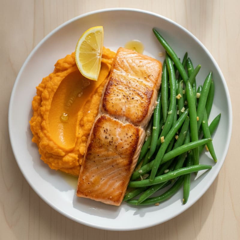 Seared Salmon with Garlic Green Beans and Sweet Potato Mash