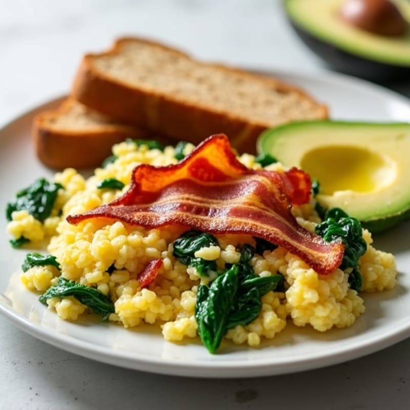 Crispy Turkey Bacon and Egg White Scramble with Sautéed Spinach