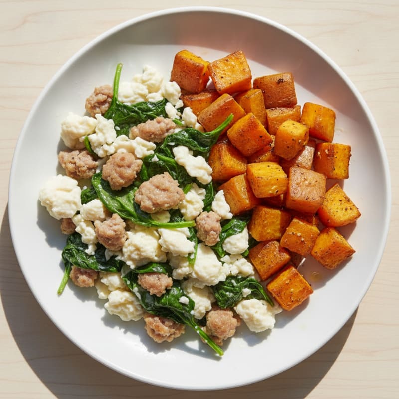 Egg White and Turkey Sausage Scramble with Spinach and Roasted Sweet Potatoes