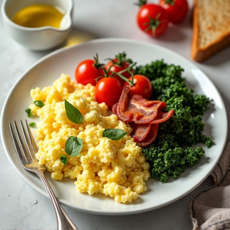 Fluffy Egg White Scramble with Sautéed Greens and Lean Turkey Bacon
