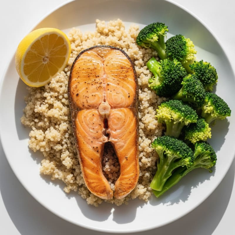 Seared Salmon Fillet with Steamed Broccoli and Quinoa