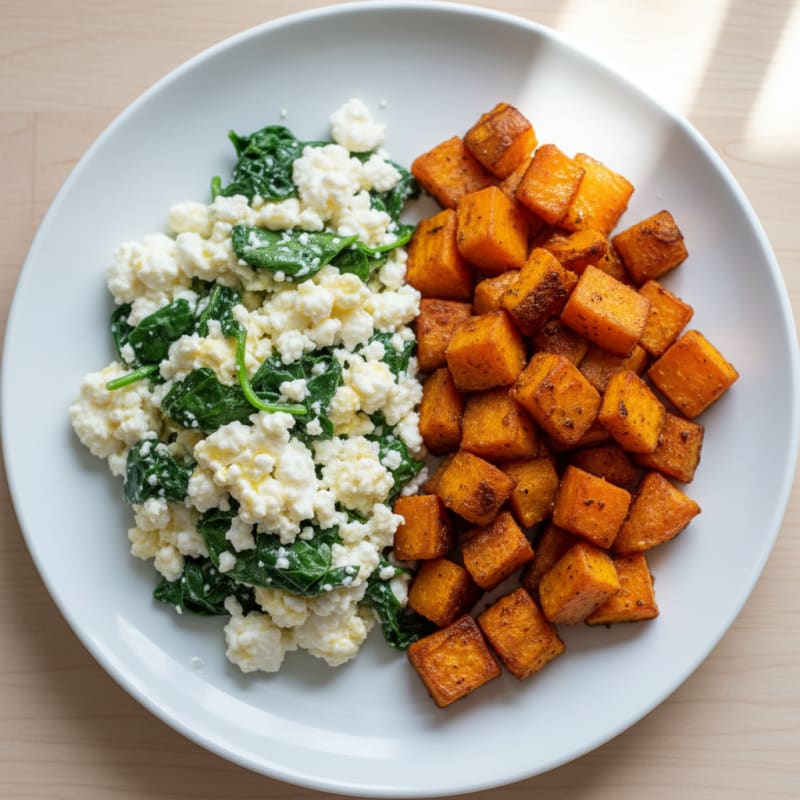 Cottage Cheese Egg White Scramble with Spinach and Roasted Sweet Potato