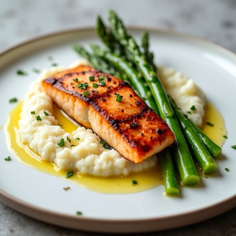 Seared Salmon with Steamed Asparagus and Cauliflower Mash